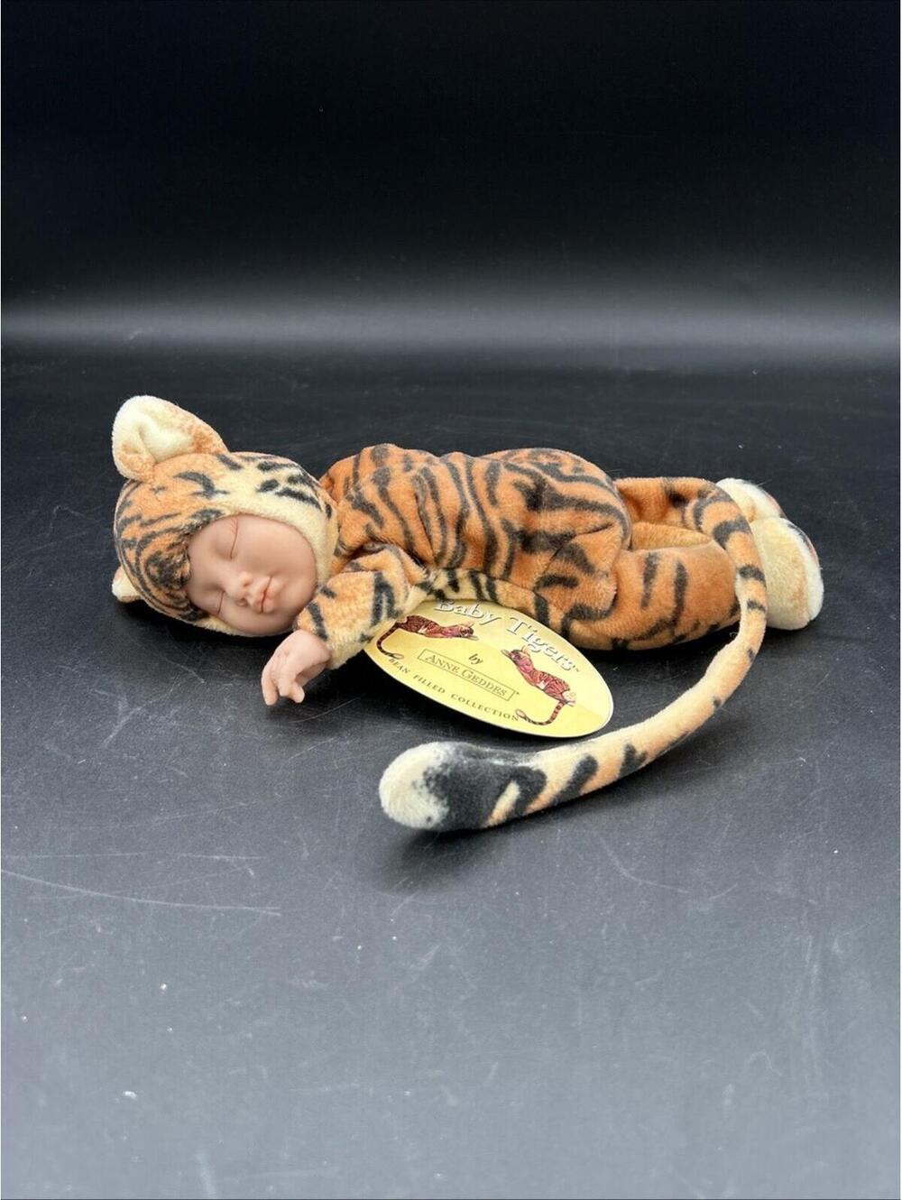 Vintage Anne Geddes Sleeping Baby Tiger Doll 9” Tall Orange & Black Collectible